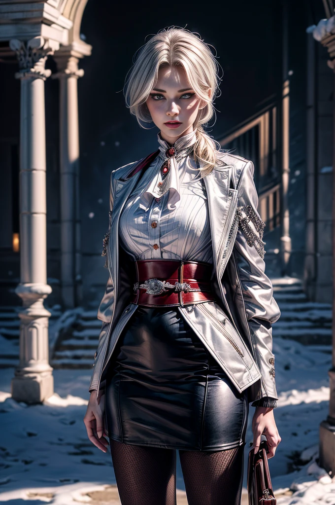 masterpiece,best quality, masterpiece, high detail,detailed face,detailed eyes,rendered eyes,perfect eyes,hip lines,crisp image,detailed,amazing,8k,8k wallpaper,8k background,high detailed skin,high res, (((cowboy shot))), solo, 1girl,looking at viewer,WillowSchnee, . Her attire consists of a white cravat secured by a silver brooch set with a red stone, as well as a light purple jacket with light sleeves, a wide belt around her waist, a matching pencil skirt with black tights and slippers. serious expression, outside stately mansion, snow, sculpture at center of hedge maze, holding wine glass, night, stars, servants and security detail standing by, (volumetric lighting), sharp focus, hyper detailed