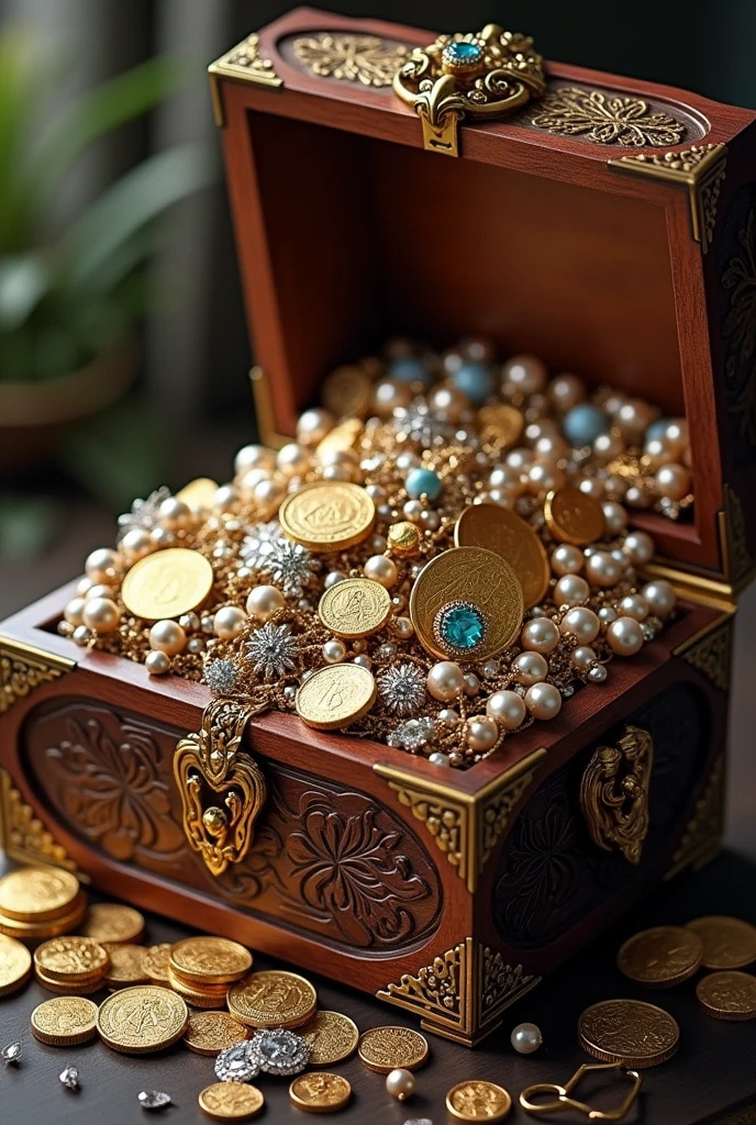 A wooden box consist of golden and silver coins diomands and colorful pearls 