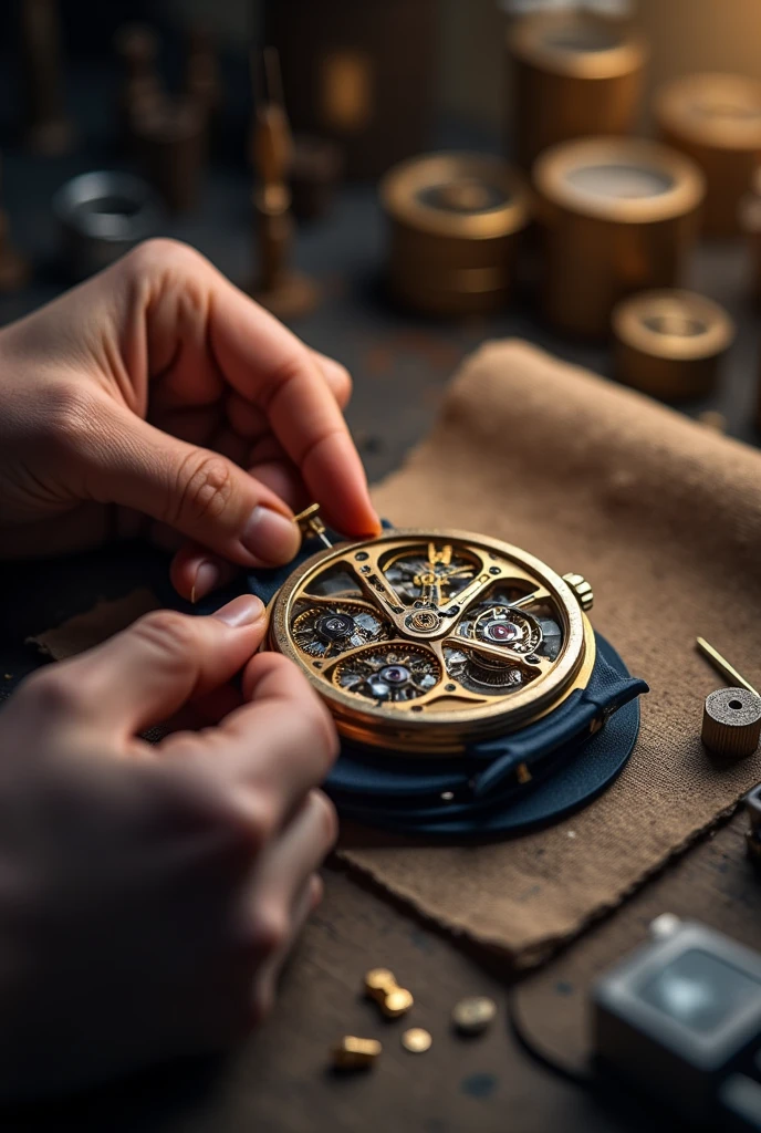 Hands working on specific parts of a product, such as watch assembly or weaving.