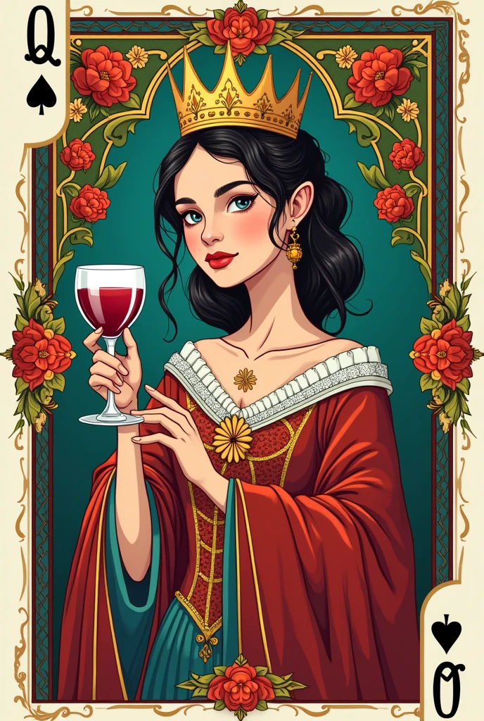 The Queen of Cups with a glass of wine in her hand inside a deck of cartoon style Spanish cards