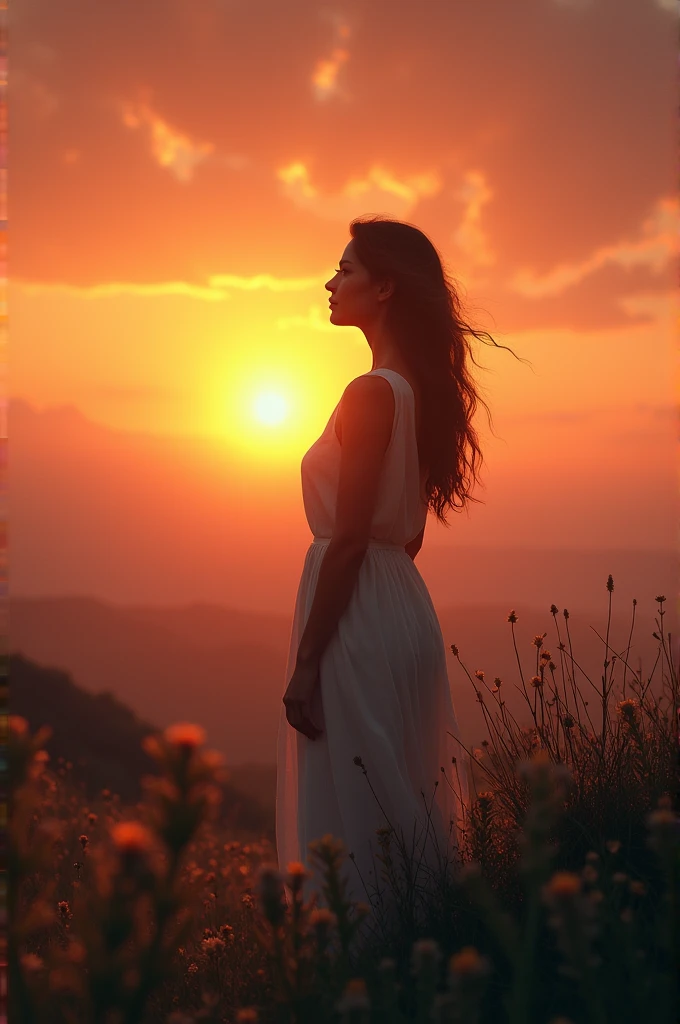 A woman looking at the horizon with a serene and confident expression, as the sun rises in the background .