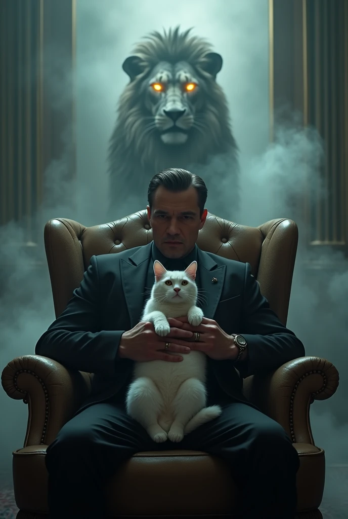 Create a realistic image where a man wearing black luxury suit and sitting on king size chair, he's holding a white cat 🐈 in his hand, there is smoke in background a shadow of lion and lion's eyes is glowing in yellow colour. In background the name "chico" is showing in bold effects just attached above the chair the head of the character as per his name.
