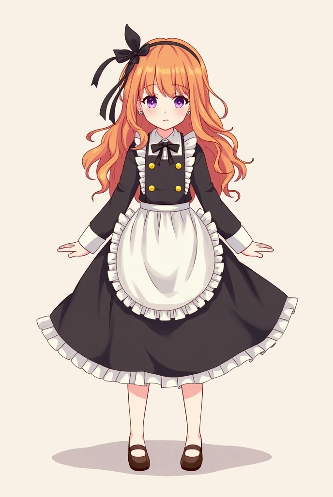 Style: Danganronpa 2. Sprites: no movement.
She is a 1 girl with long, wavy orange hair, pale purple eyes, and a pale complexion. Hitomi has a ribbon tied on the left side of her head, which holds her hair in place. She also wears a pair of earrings shaped like small bows. She wears a black dress with long sleeves, folded cuffs with gold cufflinks, and a bow tie pattern at the end. She wears a white ruffled collar around her neck, which is surrounded by a black ribbon and many cords that go down. Over her dress, she wears a frilly white apron, as well as a thin cardigan that she wears out of her sleeves. In addition to this, she wears a pair of brown shoes.