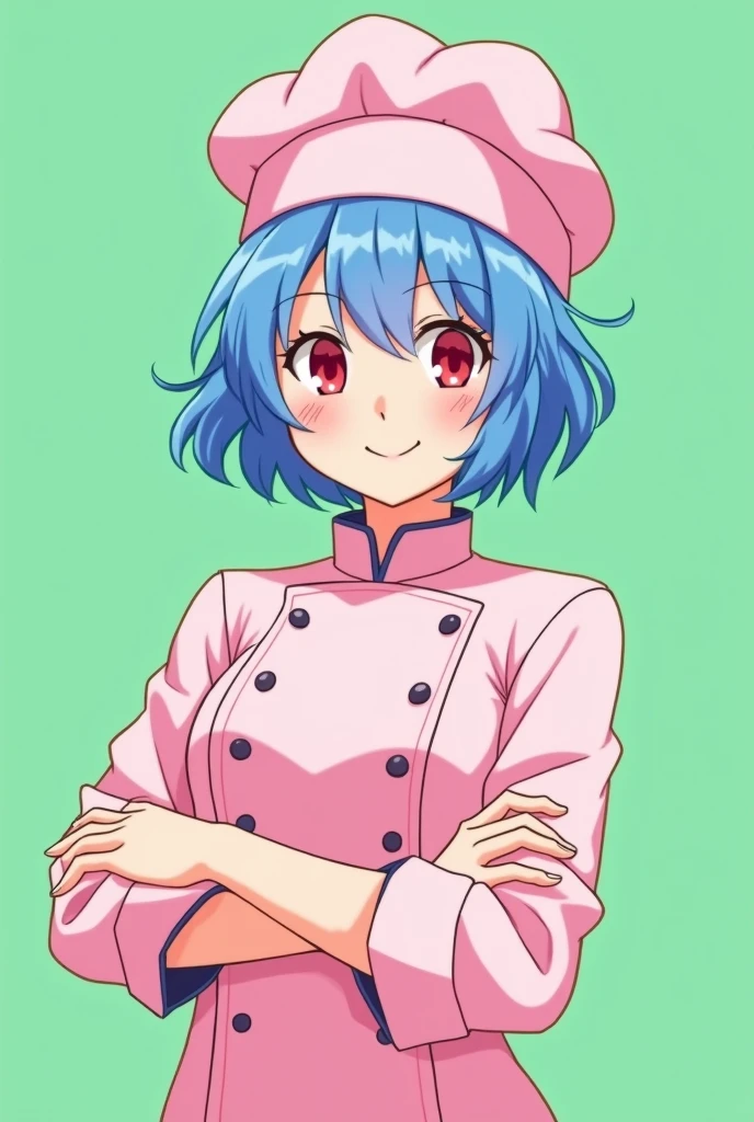Female chef between 18 and 1, with a pink long-sleeved uniform and a chef's hat of the same color, 2D anime style with pastel colors, short blue hair, Red eyes ,with a happy smile, on a completely green and flat background