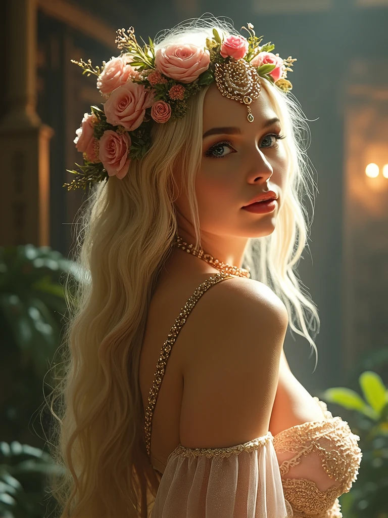 (Masterpiece.UHD.photorealistic) (full body) an ultra hot gorgeous blonde woman with beautiful detailed eyes,beautiful detailed full lips,extremely detailed eyes and face,longeyelashes, epic cleavage (100e breast size) ,fantasy,intricate detailed facial features,ornate headpiece,intricate flower crown,ornate jewelry,flowing ethereal dress,dramatic lighting,cinematic angle,digital painting,concept art,highly detailed,photorealistic,8k,masterpiece,vibrant colors,warm color palette)