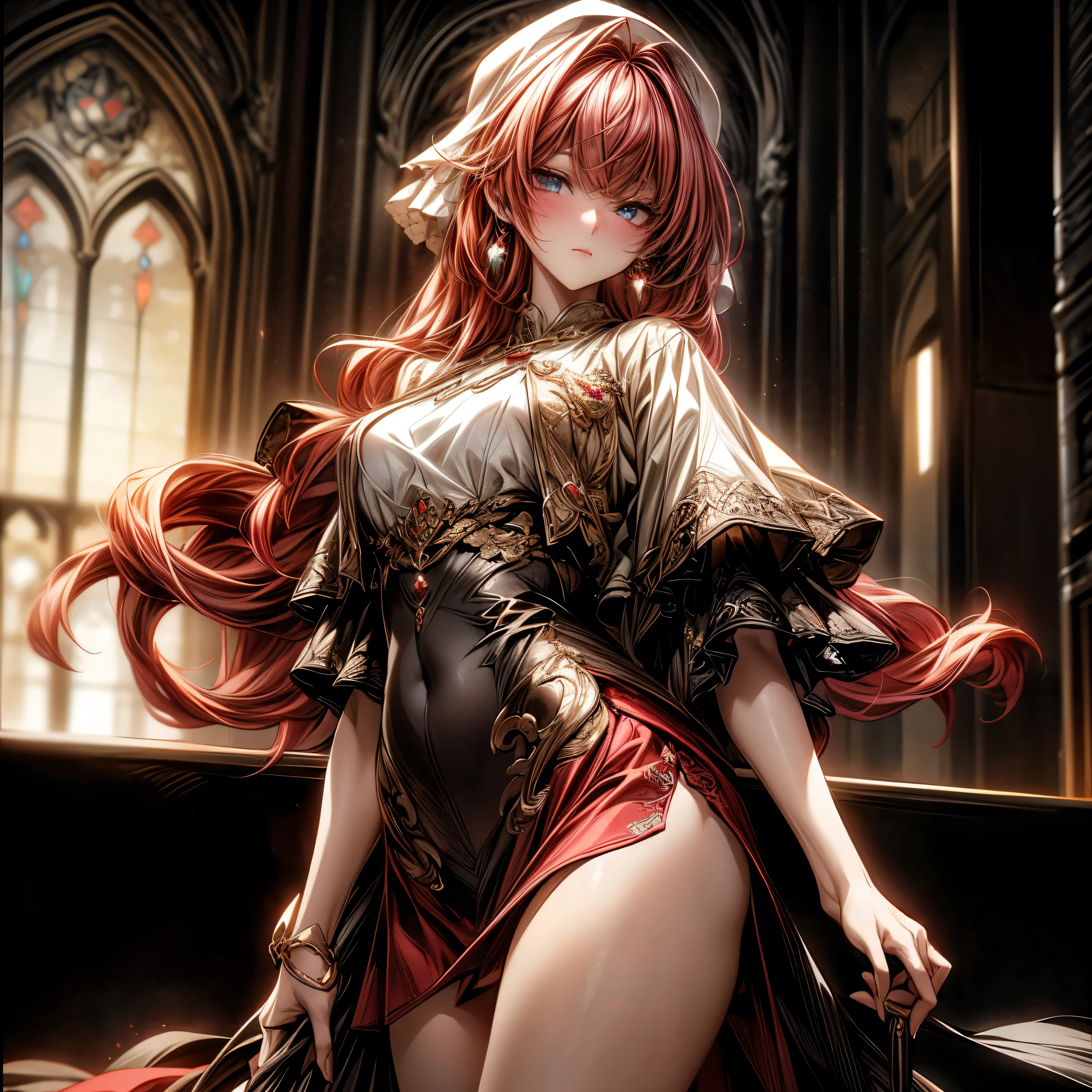 (best quality)), ((Masterpiece)), (details:1.4), 3d, HDR (high dynamic range), Mature woman, Medieval, Fantasy, Red hair, Curtain Bangs, Hips up, Beautiful white eyes, จมูกโด่ง, ปากแดง, หน้าอกใหญ่, nvidia RTX, PBR surface, After processing, Anisotropic filtration,depth of field, Maximum clarity and clarity, multi-layered surface, Subsurface scattering, perfect proportions, 8K raw files, ultra detailed, Perfect proportions, volumetric lighting, soft lighting, Holy Paldin, Heavy Black Armor, glossy skin, Castle background, jewely, ต่างหู, นิ้วมือสมบูรณ์, mini red skirt,