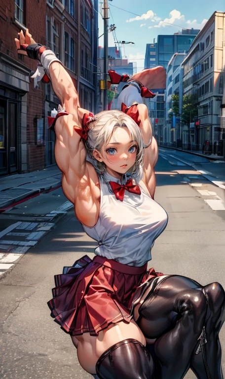 (Optimal lighting) , (Extremely complex and detailed) , 4K Unified, (Super detailed CG: 1.2) , (8K: 1.2),(Original), (masterpiece) , (best quality),(masterpiece:1.4),Anime-like high quality,(masterpiece),masterpiece, Ultra-clear picture quality,Compare...clearer,(Delicate face)best quality, absurd,((Master of Peace, 4K, 8K, Yes, high resolution))1个girl, ,,(Wonderful bass),((Bodybuilder:1.5))(girl),(miss),(((Upper Body:1))) Upper Body,Arm muscles close-up。Shop,on the street,Broad shoulders and thick back,Thick Arms,Amazing eight pack abs,Thick abs,Oily muscle reflex hydration,Burst vein,Close Mastery(((((White school uniform with red bow tie)))))(((((Black skirt)))))(((((boots)))))(((((on the street)))))(((((Arm muscles close-up:1)))))((((Thick two-head three-head))))((((Bulging arm muscles))))