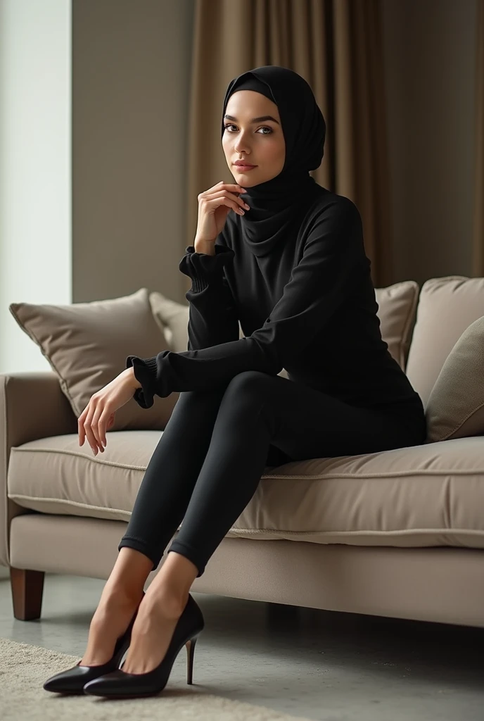 Perfect hijab girl pink, high heels perfect beine, reslist, leggings, sexy pose, sitting on sofa legs crossed, halbe high heel an