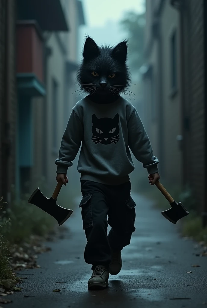 A boy in a dark alley slowly walks towards you with an axe in each hand he wears a furry black cat mask not at all friendly he wears a gray sweatshirt with a cat head shadow design and black cargo sweatpants.