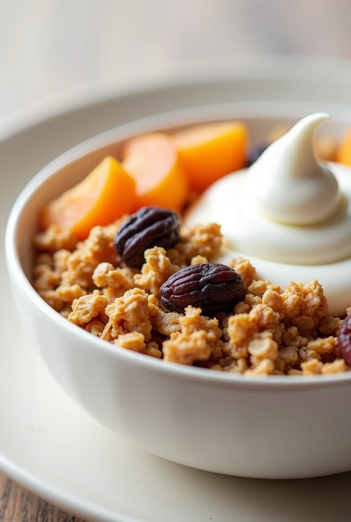 1 natural yogurt (or vegetable yogurt) with a serving of sugar-free granola and a handful of dried fruit (raisins, apricots).