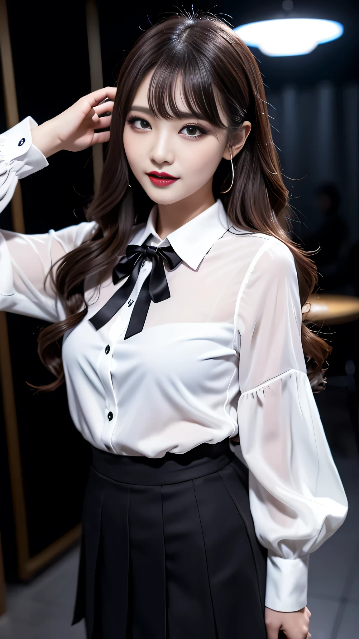 best quality、ultra-detailed、8k、Japanese、Seductive beauty、seductive adult woman、Pretty Woman、cool girl、smirk、Wicked Smile、Villainess、brainwash makeup、brainwash、Fallen into evil、Evil look、evil、Brown hair、wavy hair、swept bangs、dark makeup、piercing eyes、hollow eyes,half-closed eyes、Hollow Eyes、purple Eyeshadow、black lipstick、black lipglos、Purple Eyeshadow、black lipstick、black lip gloss、Dark Makeup、smirk、Whisper in my ear、business suit、black Jacket、white blouse、Black ribbon、Wide sleeves、Pleated skirt、pantyhose、night、inside darkroom、I have lipstick、Are standing、shoot from below、Hold your hand forward、