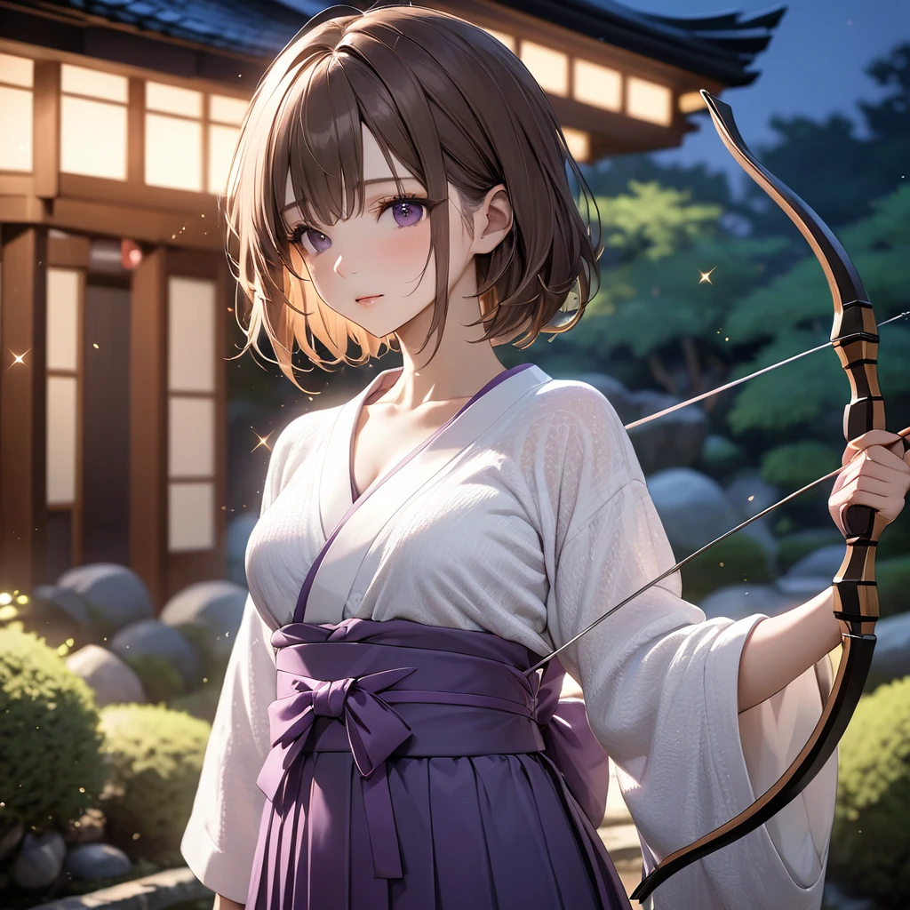  High resolution, masterpiece, 最high quality, Very detailed, high quality, Textured skin,  Brown Hair, Natural look, Japanese garden,night,Cinema Lighting, Purple Hakama,chest, born,Professional photography,Cinema Lighting, 丸いchest,Holding a bow,Sparkle Effect, Background blur, sexy,