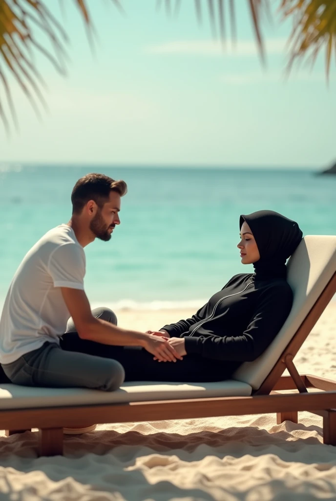 Black headscarf lying on a sun lounger on the beach, white long sleeve t shirt, woman in black tracksuit. Man massaging woman's feet
