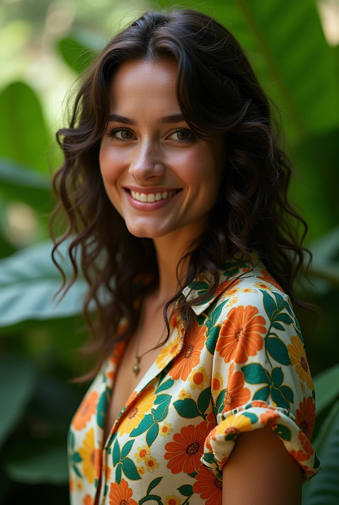 A Brazilian woman in a lush tropical garden, wearing an open shirt with a floral print, with a close-up capturing the harmonious beauty between her breasts and the natural flowers, showing off your natural charm and outgoing personality.