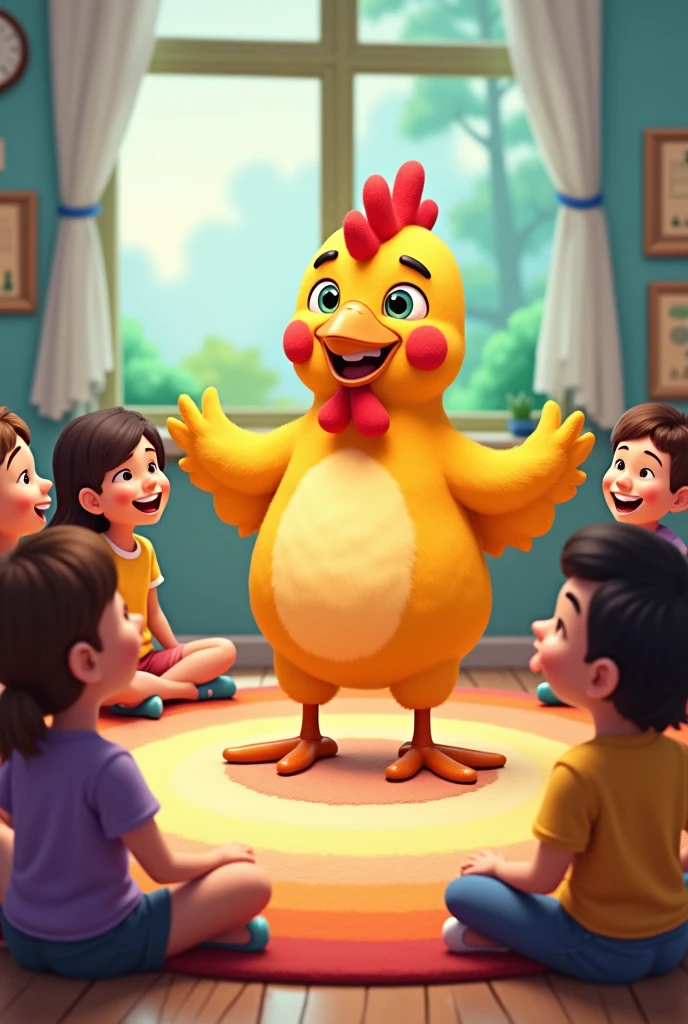 Students sitting on a rug in a circle and a teacher in the middle, She dressed as a chicken. cheered up