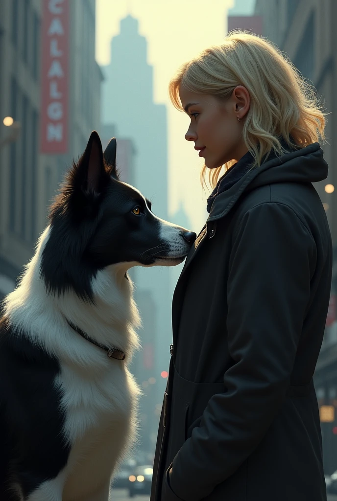 Border collie noir et blanc avec sa maîtresse blonde qu'il regarde dans une ville 