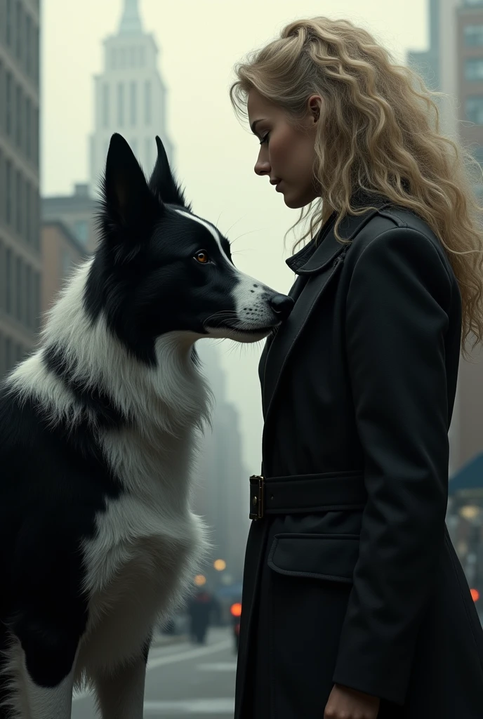 Border collie noir et blanc avec sa maîtresse blonde qu'il regarde dans une ville