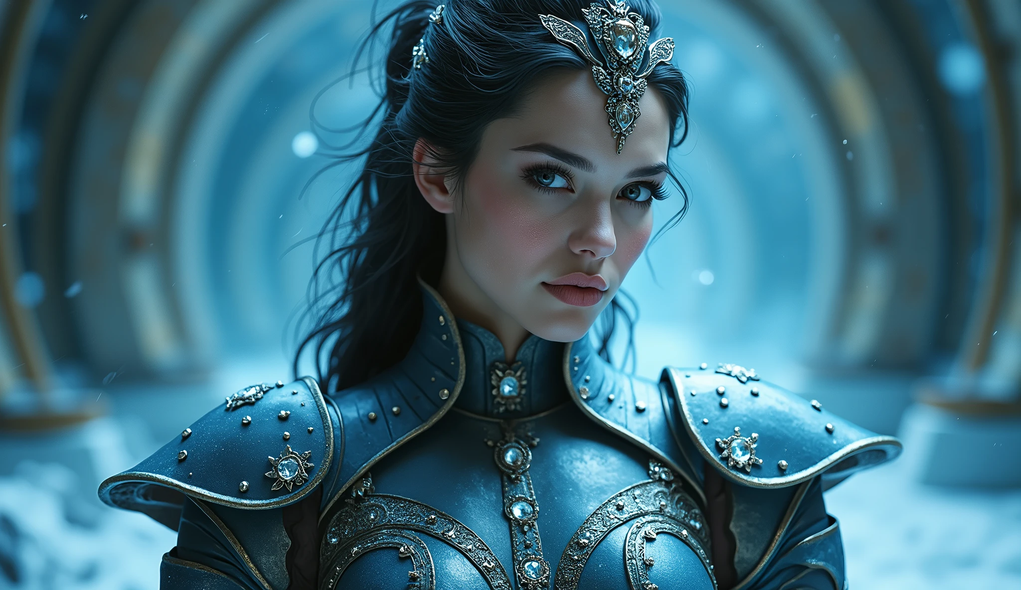 (Masterpiece.Uhd. Photorealistic) (full body) an ultra hot gorgeous woman. Age 23. Epic cleavage (100e breast size) ((she’s a dieselpunk ice queen)), beautiful detailed eyes, beautiful detailed lips, extremely detailed face, long eyelashes, elegant high-collared dress, ornate armor plates, cold blue-white lighting, metallic accents, atmospheric, cinematic, dramatic, volumetric lighting, intricate details, 