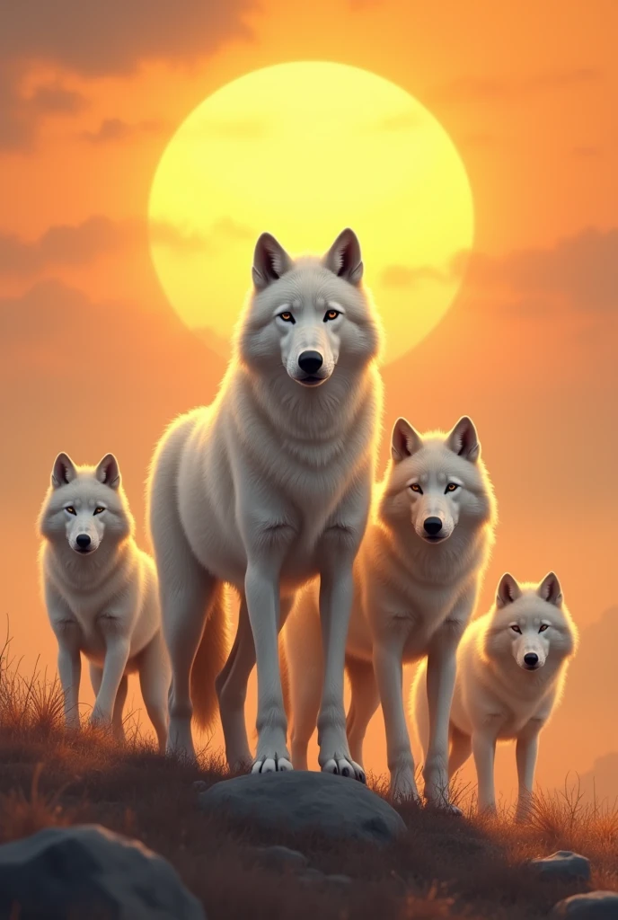 Family of 6 white wolves with the sun rising