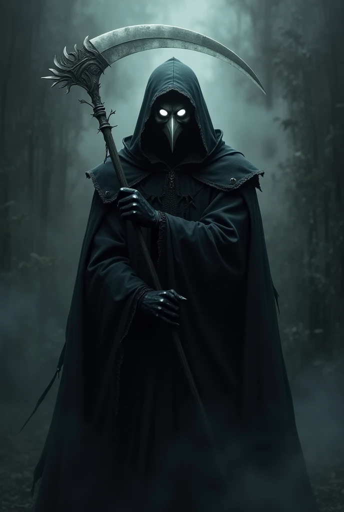 man in hood and black cloak, with a white crow mask, black eyes with white pupils, holding a shadow scythe