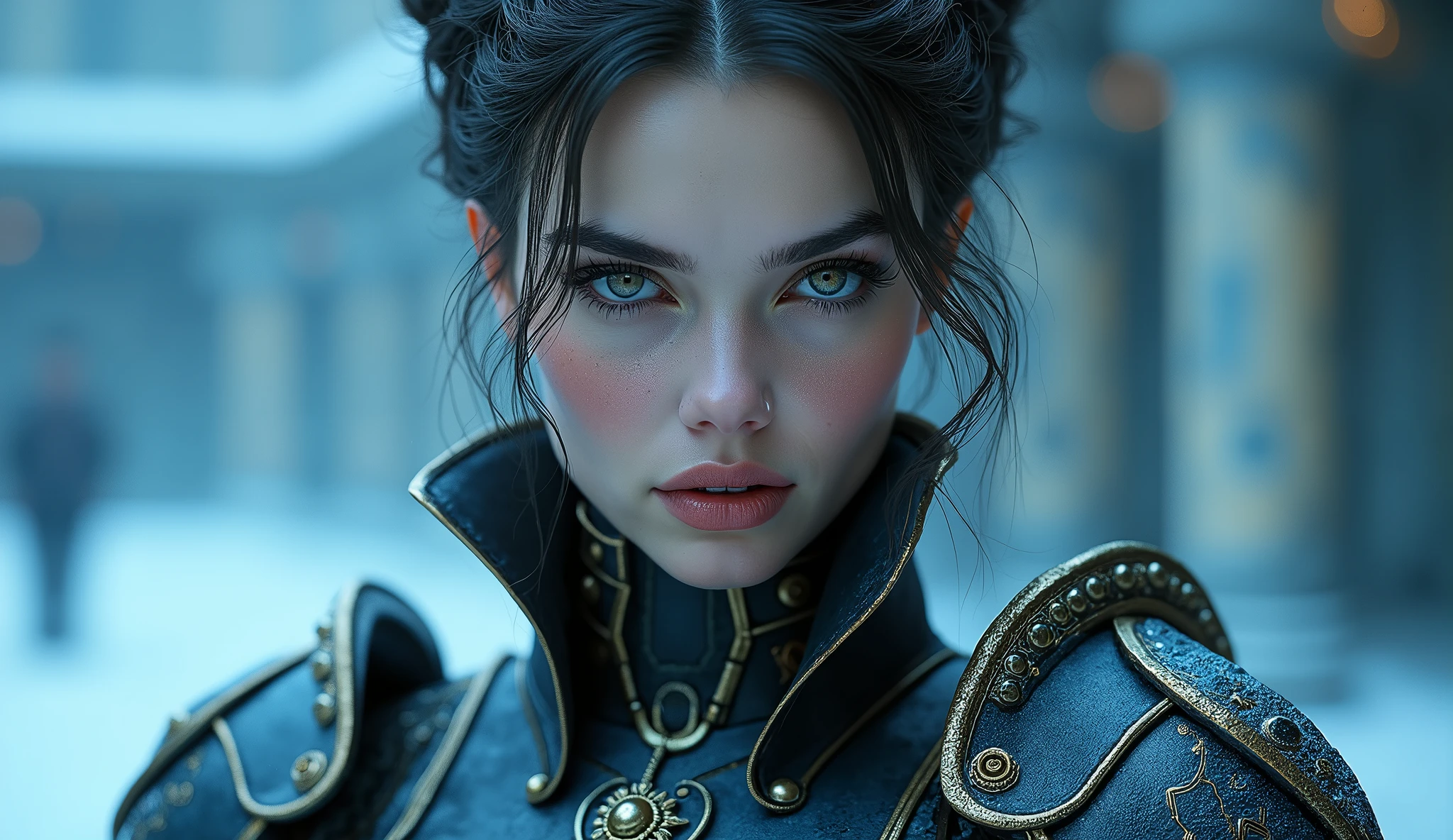 (Masterpiece.Uhd. Photorealistic) (full body) an ultra hot gorgeous woman. Age 23. Epic cleavage (100e breast size) ((she’s a dieselpunk ice queen)), beautiful detailed eyes, beautiful detailed lips, extremely detailed face, long eyelashes, elegant high-collared dress, ornate armor plates, cold blue-white lighting, metallic accents, atmospheric, cinematic, dramatic, volumetric lighting, intricate details,
