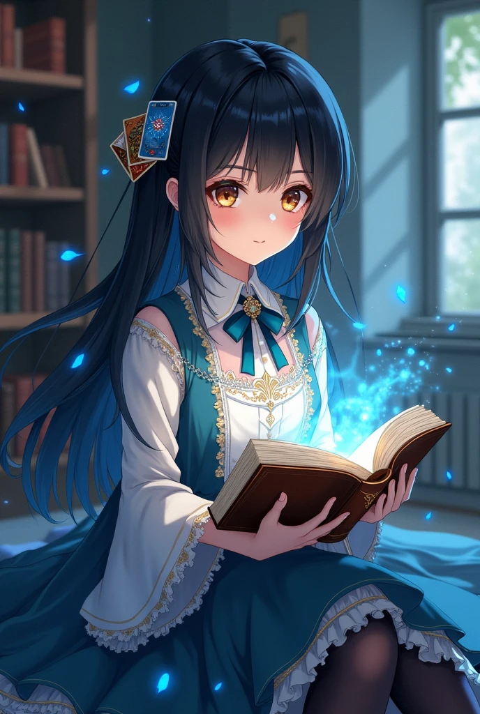 Japanese anime style: a young clairvoyant with black hair and brown eyes, wears clothes that are skirts, blouse and long stockings on the legs that are from the medieval era with some blue parts, she holds magic book and tarot cards