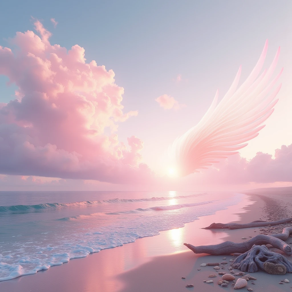 Beautiful Ocean Beach at sunrise with pink cirrus clouds, clouds are forming the wings of angels like a flying angel in the sky
