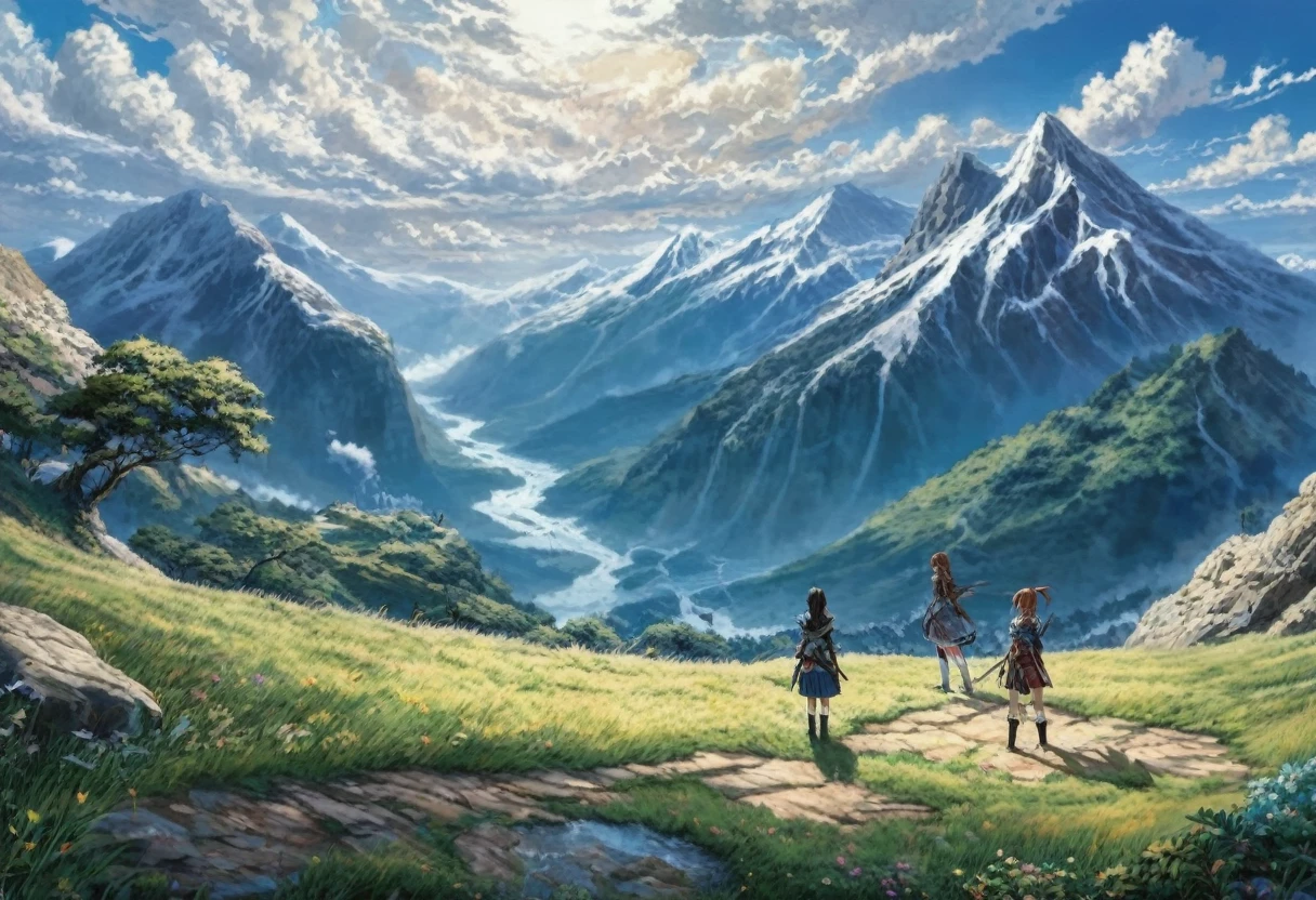 masterpiece, best quality, ultra-detailed, illustration, 2girls,fantasy, RPG, heroine, outdoors, epic, dramatic, dynamic, magic, shadow, impact, realism, naturalistic, video game culture, anime, manga, Japanese, RPG tropes, character design, animation, special effects, composition, scale, high ground, background, perspective, light, light shafts, sunrays, color, texture, detail, beauty, wonder, cinemascope, scenery, panorama, aerial view, mountain 