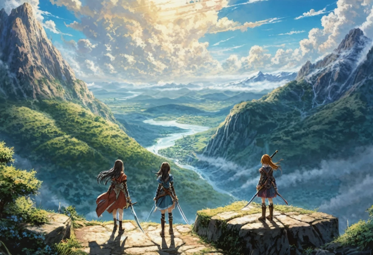 masterpiece, best quality, ultra-detailed, illustration, 2girls,fantasy, RPG, heroine, outdoors, epic, dramatic, dynamic, magic, shadow, impact, realism, naturalistic, video game culture, anime, manga, Japanese, RPG tropes, character design, animation, special effects, composition, scale, high ground, background, perspective, light, light shafts, sunrays, color, texture, detail, beauty, wonder, cinemascope, scenery, panorama, aerial view, mountain 