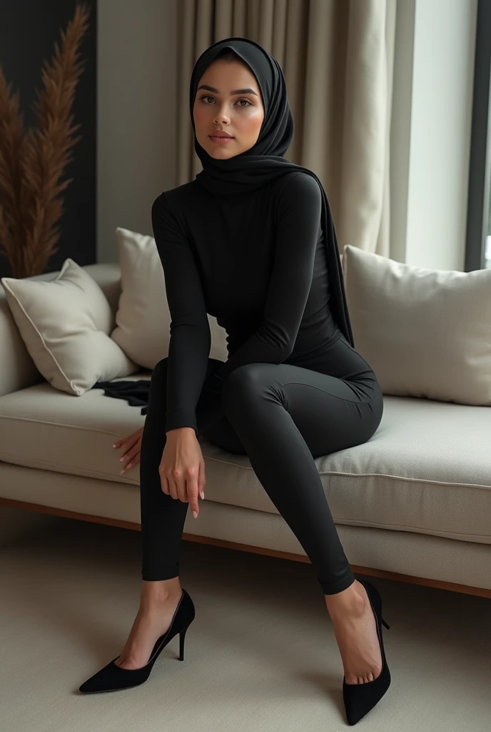 Perfect hijab girl pink, high heels perfect beine, reslist, leggings, sexy pose, sitting on sofa legs crossed, halbe high heel an