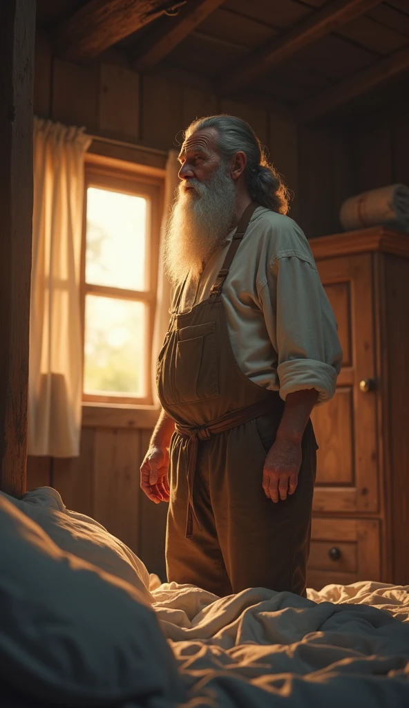 Farmer man with white beard , white blouse and brown pants.  Getting up as soon as the alarm rings.