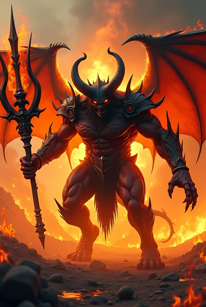 Hellfire scene, Fiery demon, humanoid, field of fire, holding massive detailed flaming trident, scary, humanoid, black devoid eyes, detailed demonic armor, strong pose, angry, hatred, facing me, fire, devil wings, roaring, ultra detailed, hyper realistic, photo realism 