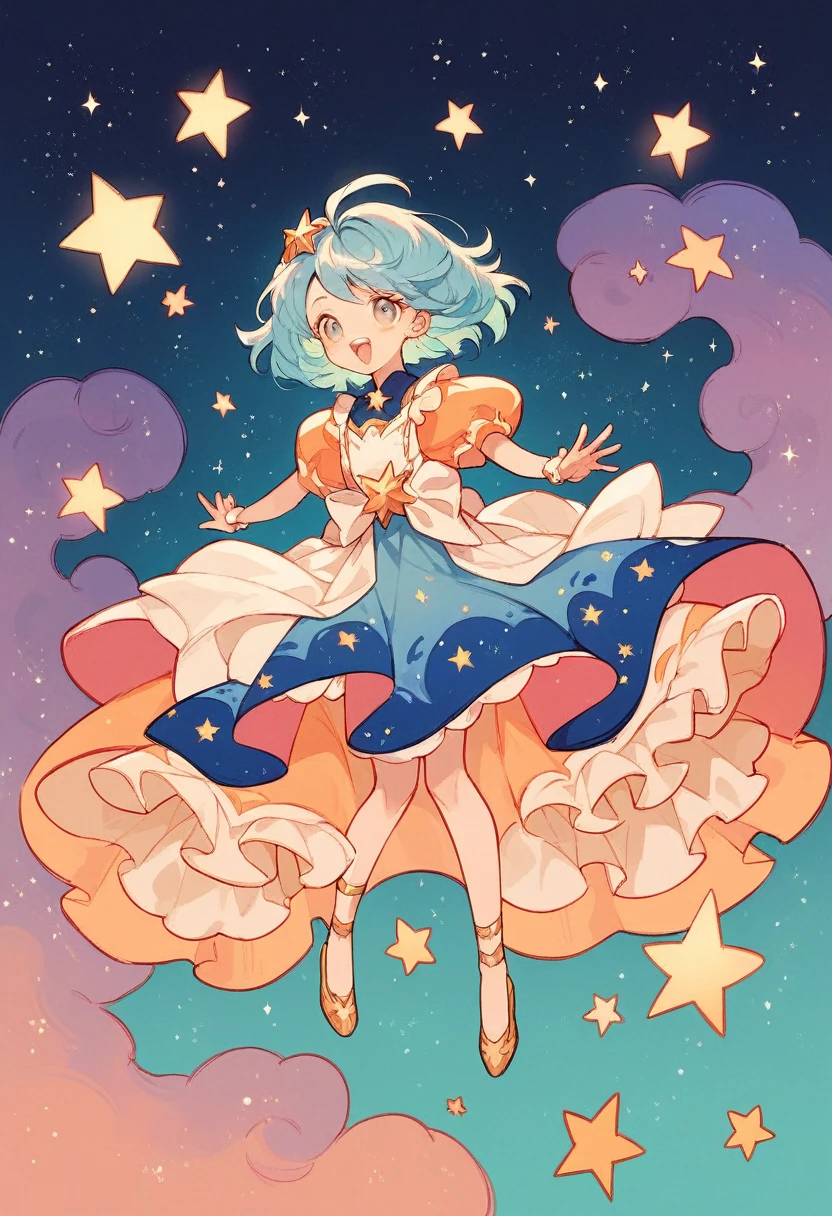Create an image where the figure is on another planet or in space, with stars and galaxies shining around her. The dress could resemble an astronomical phenomenon, with colors and patterns reminiscent of star explosions.