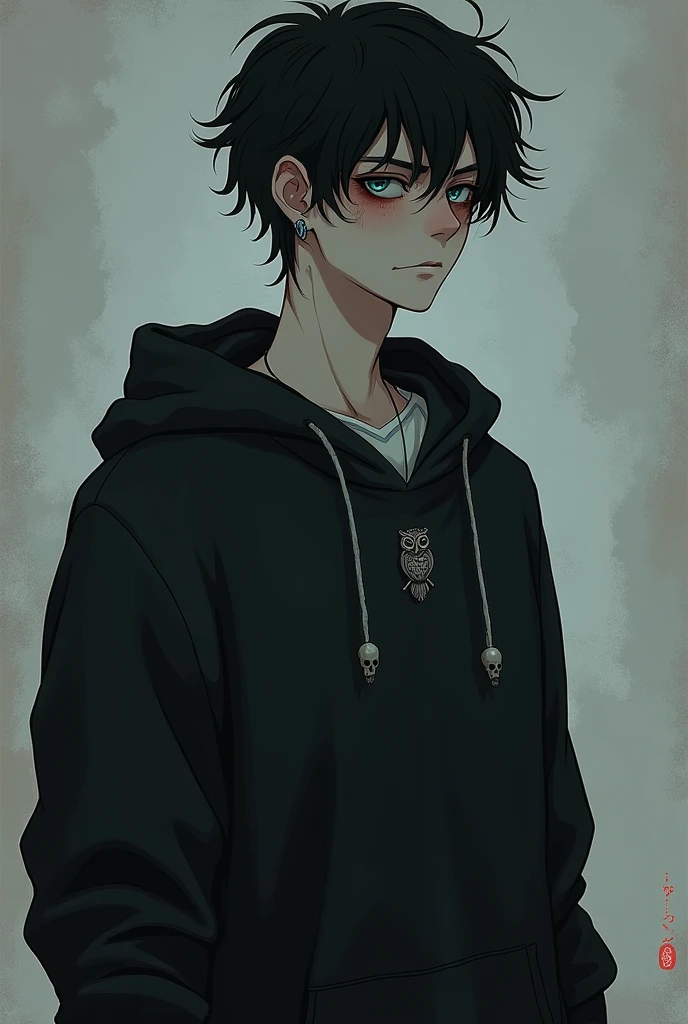 A 2 man. com aproximadamente 1,75m de altura, it's skinny, with narrow shoulders and a slightly stooped posture. Her hair is dark, always misaligned. 
Icy blue eyes that convey a mixture of distrust and fatigue. Your dark circles are deep and constant, fruit of sleepless nights and incessant thoughts.
The skin is pale, marked by some discreet scars on the wrists, back and neck, memories of episodes of self-harm in adolescence and abuse since childhood. 
He dresses simply and somberly., with dark clothes and sweatshirt. A worn silver ring, skull earrings and a necklace with an owl pendant.