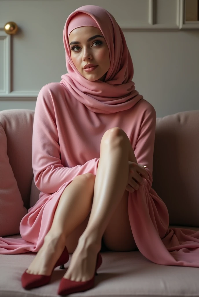 Perfect hijab girl pink, high heels perfect beine, reslist, sexy pose, sitting on sofa legs crossed, halbe high heel an