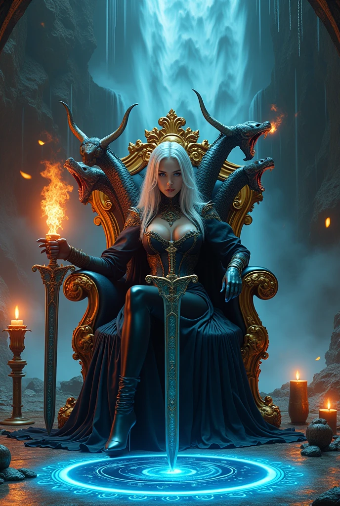 Surreal Very detailed Ultra Fantasy Ultimate Details Ultra-high resolution 8K 32k 3D clear, Beautiful Eyes Silver Hair Chairに座る assassin devil anacondas on both shoulders spitting flames mechanical engineering Mechanic Art . intricate and elaborate design, おmoney, money Silver Silver 紫 Black-purple Dynamic pose Cinema Lighting Magic spell aura Chairに座る Blue magic circle design big, luxurious amulet made of money Bright colors girl 美しく神秘的なdevilの魔術師 Nice, Mysterious and cool tiara The ultimate mysterious design devil'Rainbow armor 神秘的なdevil'Chair Armor with a luxurious texture girl Breaking the Magic Seal 足元には4本のエキゾチックなdevilのロウソク 右手にdevilのデザインの豪華なメタリックな剣を持っている In his left hand he holds a large, burning red torch Head Jewelry background is waterfall