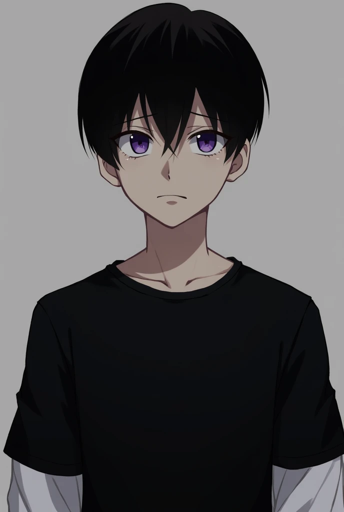 Boy man turned sideways looking forward at the camera, Black t-shirt with white sleeves, short straight black hair, Violet-colored eyes with a hunter&#39;s shape, tired look, serious face.