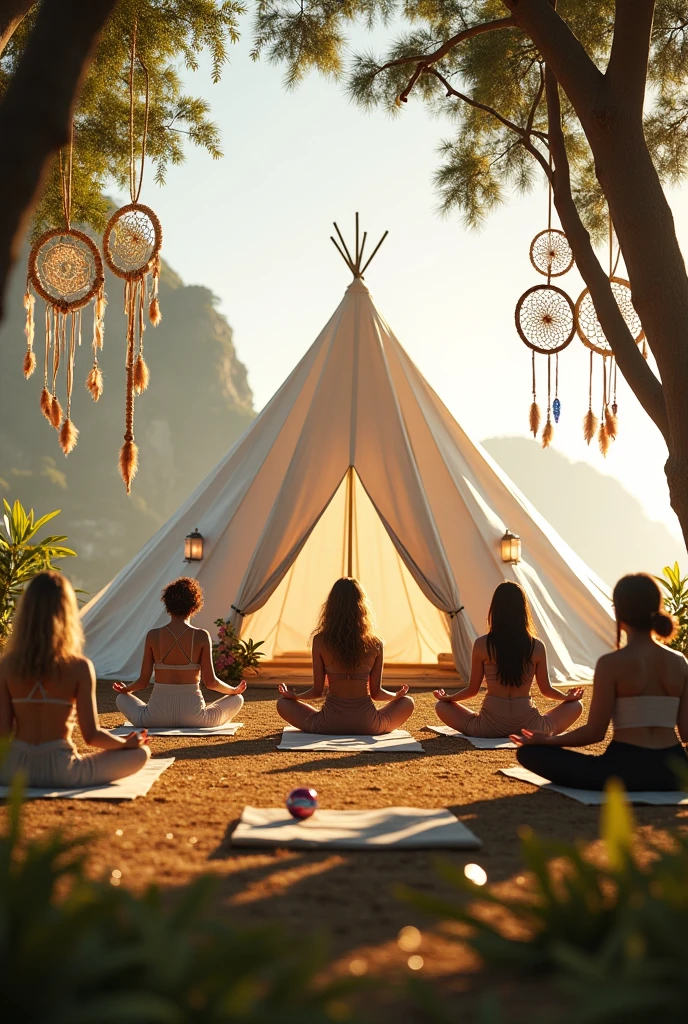 Create a Boho Chic Yoga Festival Look with an Off-White Crystal Tent , dream catchers, croches, prisms at Aterro do Flamengo Rj
