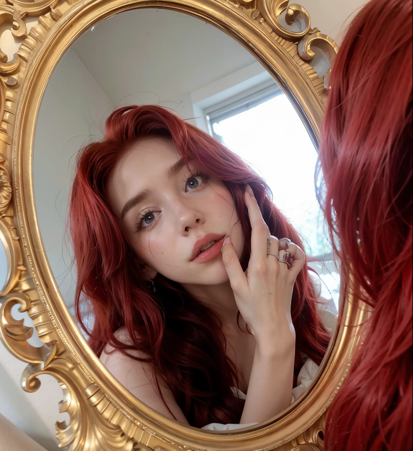 red woman with long hair and piercings posing for a photo, with red long hair, with long red hair, perfect red haired girl, ava max, tifa lockhart with red hair, pale porcelain white skin, anime girl in real life, with red hair, extremely light red hair, very light red hair, with long red hair, her hair is red