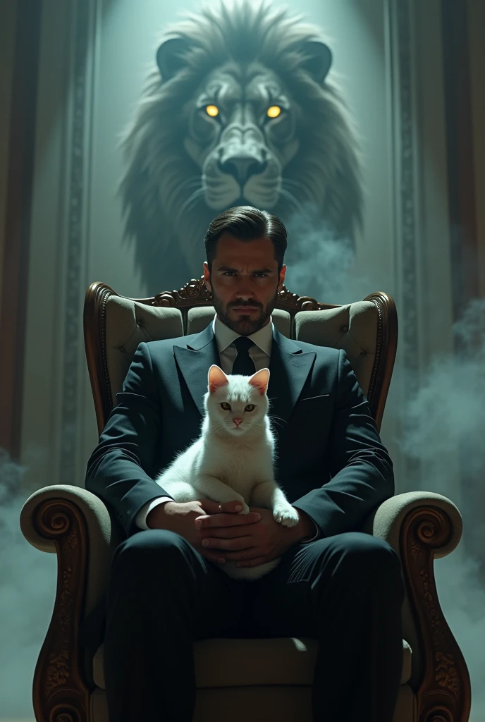 Create a realistic image where a man wearing black luxury suit and sitting on king size chair, he's holding a white cat 🐈 in his hand, there is smoke in background a shadow of lion and lion's eyes is glowing in yellow colour. In background the name "chico" is showing in bold effects just attached above the chair the head of the character as per his name.