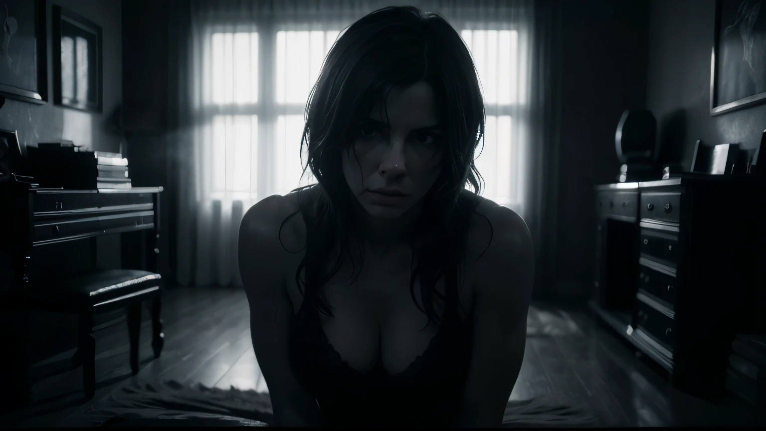 sandra bullock in a dark room, it's night, dramatic chiaroscuro lighting, moody atmosphere, cinematic, emotional, (best quality,4k,8k,highres,masterpiece:1.2),ultra-detailed,(realistic,photorealistic,photo-realistic:1.37),dramatic lighting,dramatic shadows,moody atmosphere,cinematic composition,intimate moment,emotional expression,closed,strong chiaroscuro,dramatic contrast,dramatic lighting,