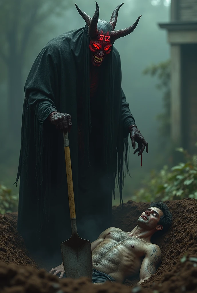 Create an image with a character wearing a red and black devil mask, with horns and an evil smile, carry a shovel to dig a hole. On his forehead, in black and white letters, it is written "ZZ" in the style of the movie "The Purge". Next to the hole, A fat and morbid man lies on the ground, as if he were being buried alive. The character with the devil mask smiles sadistically as he continues digging.