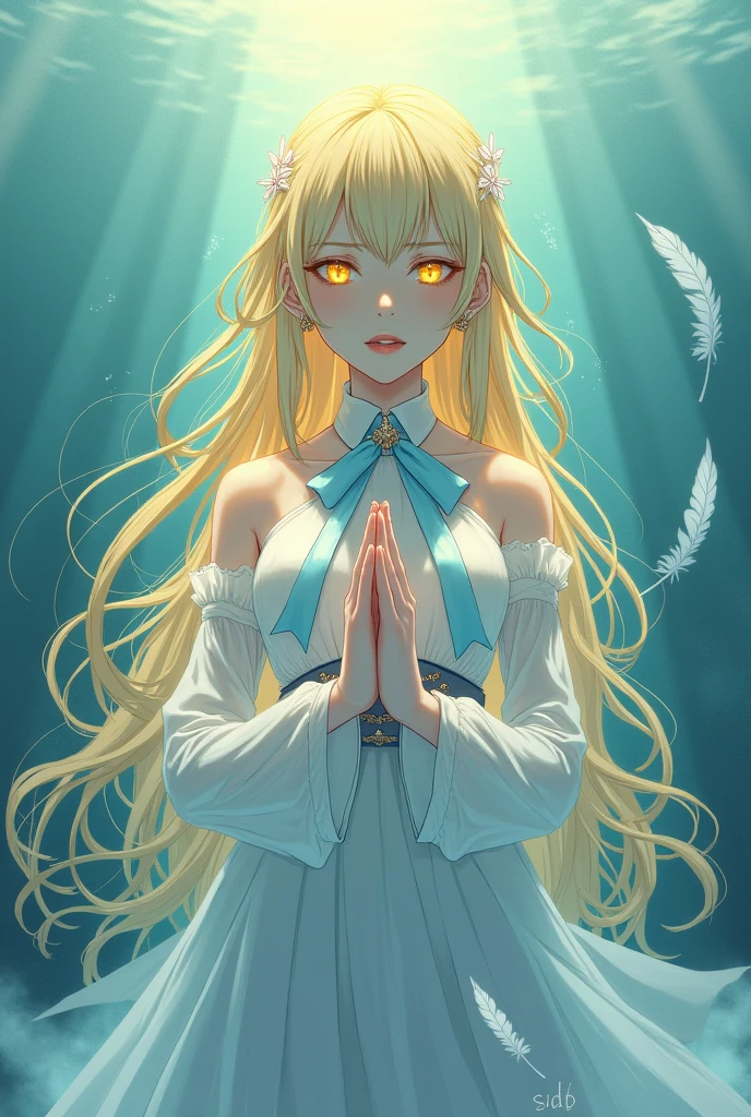 ((top-quality)), ((​masterpiece)), ((Ultra-detail)), (extremely delicate and beautiful), girl with, solo, cold attitude,((princess dress)),She is very(relax)with  the(Settled down)Looks,A blonde-haired, depth of fields,evil smile, feather, under the water, wings,bright light yellow eyes,Inner color with blonde hair and light yellow tips,Cold background, longest Hair - Linear Art, skirting、White uniform like 、Light blue ribbon ties、Clothes are sheer 、elegant praying pose with sidd in bold letters on hand