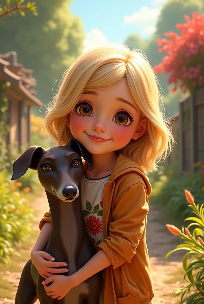A Pixar-style cover featuring a blonde teenage girl with brown eyes and freckles, accompanied by a male dog breed greyhound barbincho dark brown color all over the body