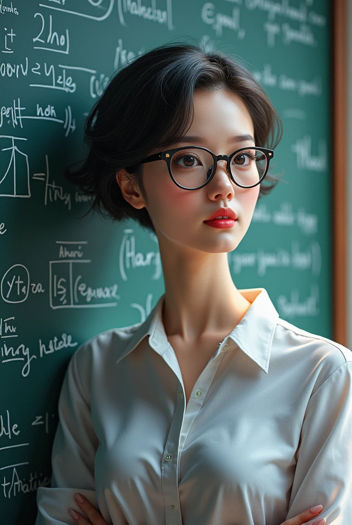 a female teacher with short hair and glasses, standing next to a chalkboard full of notes, watercolor style, pastel tones, beautiful detailed eyes, beautiful detailed lips, extremely detailed face, elegant pose, professional, photorealistic, 8k, high quality, vibrant colors, soft lighting, atmospheric, cinematic composition