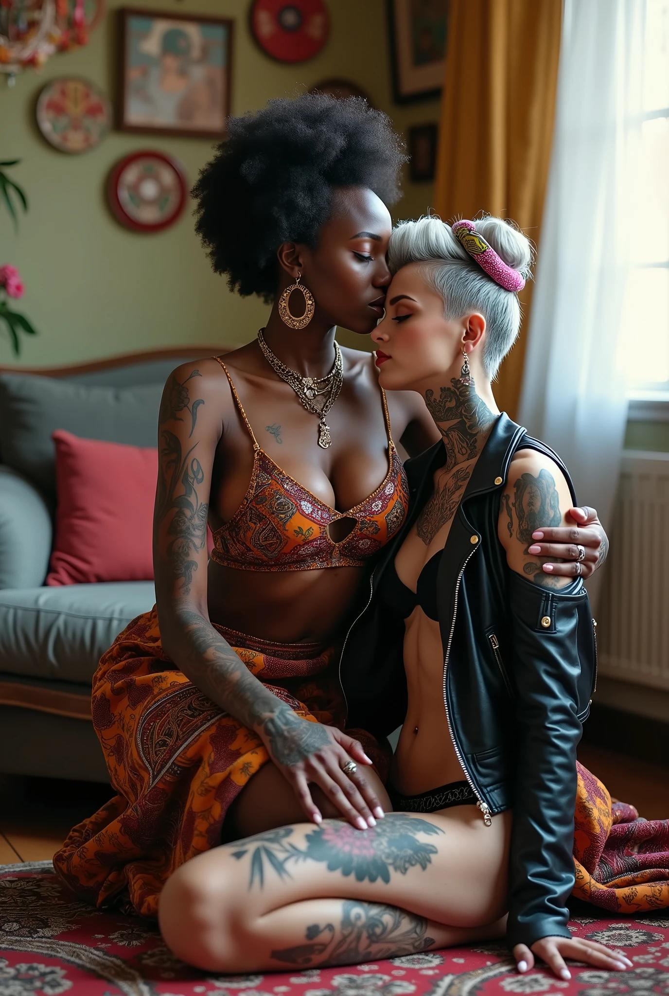 African milf  woman sitting on a sofa with separated legs, afro hairdo, serious face, wearing traditional colourful african clothes, barefoot, hands on shoulders of a caucasian milf woman at her feet leanin back with chin up and open mouth in magazine fashion model pose. The caucasian woman is trying to touch her girlfriend. The caucasian woman is tattooed heavily (tattoed chest, tattoed neck, tattooed arms, tattooed hands, tattooed stomach, tattoed legs, tattoed feet). The caucasian woman is very thin with well toned abdominals, pale (light grey hair, light green eyes, pale face, pale neck, pale chest, pale arms, pale hands, pale stomach, pale legs and feet). Caucasian woman  in chic rock fashion: pompadour hairstyle with top bun and shaved sides, colourful bandana as headband,  cropped black leather biker jacket and a lot of metallic necklaces and pendants, black push up lace bra, skinny black low rise leather jeansa lot of wide metallic bracelets, black and pink triangl push up bikini, barefoot , kneeling . In an apartment decorated in colourful boho style.