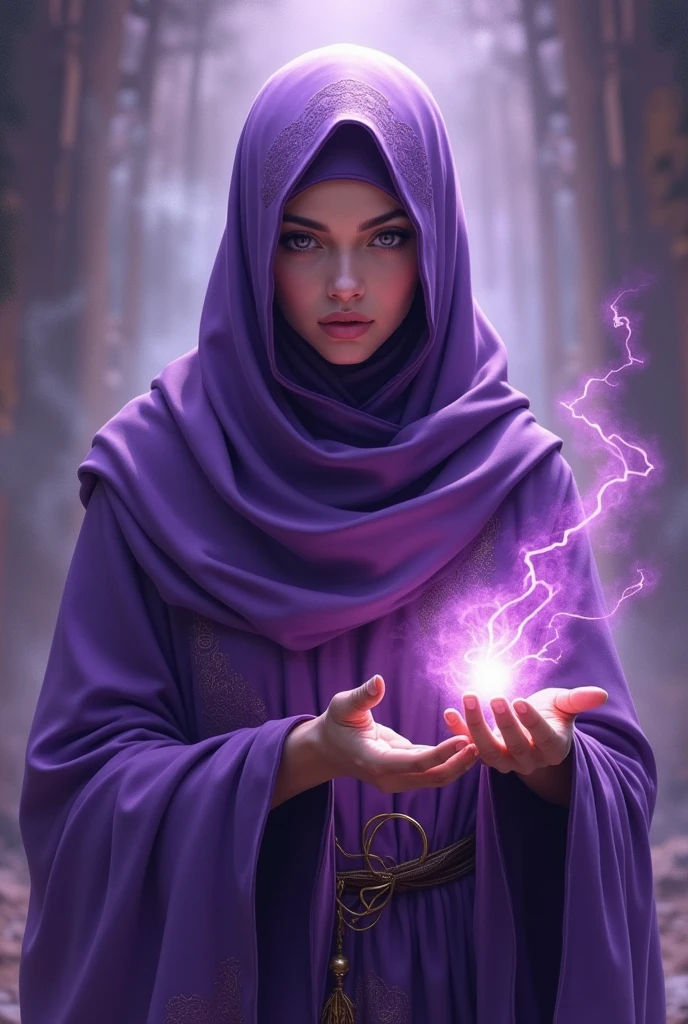 A female wizard with full hijab and purple theme