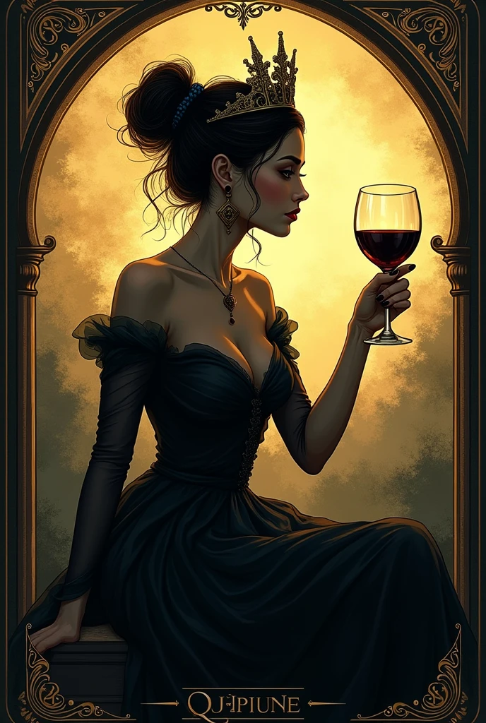 The queen of cups with a glass of wine in her hand inside a deck of Spanish cards silhouette