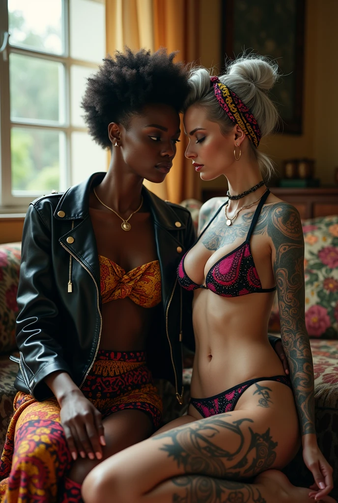 African milf  woman sitting on a sofa with separated legs, afro hairdo, serious face, wearing traditional colourful african clothes, barefoot, hands on shoulders of a caucasian milf woman at her feet leanin back with chin up and open mouth in magazine fashion model pose. The caucasian woman is trying to touch her girlfriend. The caucasian woman is tattooed heavily (tattoed chest, tattoed neck, tattooed arms, tattooed hands, tattooed stomach, tattoed legs, tattoed feet). The caucasian woman is very thin with well toned abdominals, pale (light grey hair, light green eyes, pale face, pale neck, pale chest, pale arms, pale hands, pale stomach, pale legs and feet). Caucasian woman  in chic rock fashion: pompadour hairstyle with top bun and shaved sides, colourful bandana as headband,  cropped black leather biker jacket and a lot of metallic necklaces and pendants, a lot of wide metallic bracelets, black and pink triangl push up bikini, barefoot , kneeling . In an apartment decorated in African style. Natural light