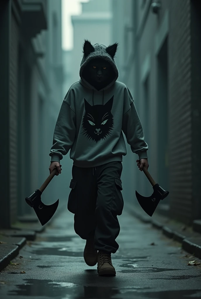  in a dark alley a teenager walking slowly towards you with an axe in each hand he wears a furry black cat mask not at all friendly he wears a gray sweatshirt with a cat head shadow design and black cargo sweatpants.